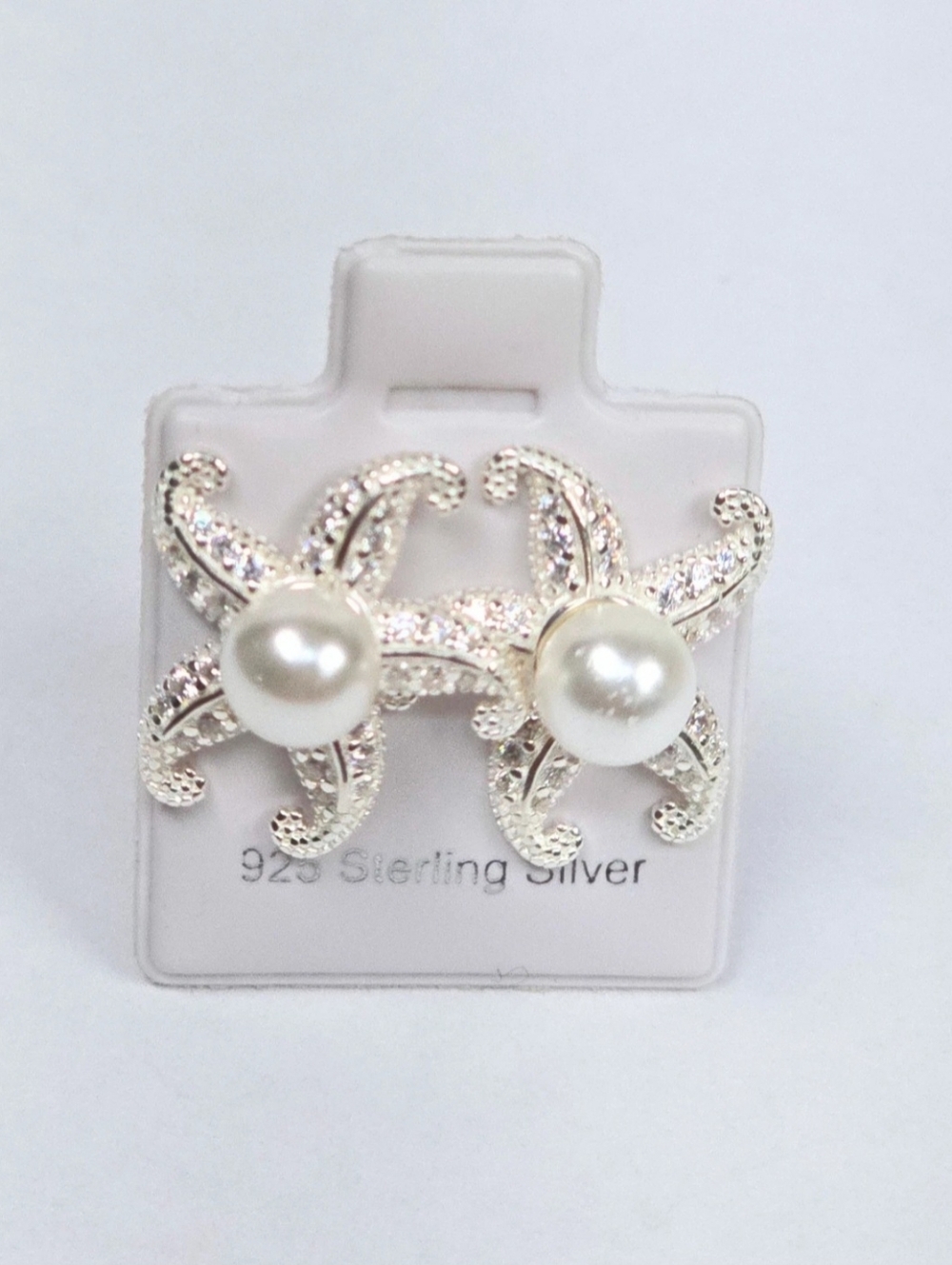 925 Sterling Silver Pearl Star Stud Earrings CZ Starfish Stud 16.5mm Elegant